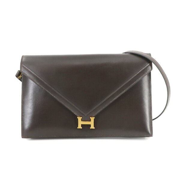 HERMES Lydie 2way Shoulder Clutch Bag Box Calf Leather Brown Purse 90282864 - Picture 1 of 11